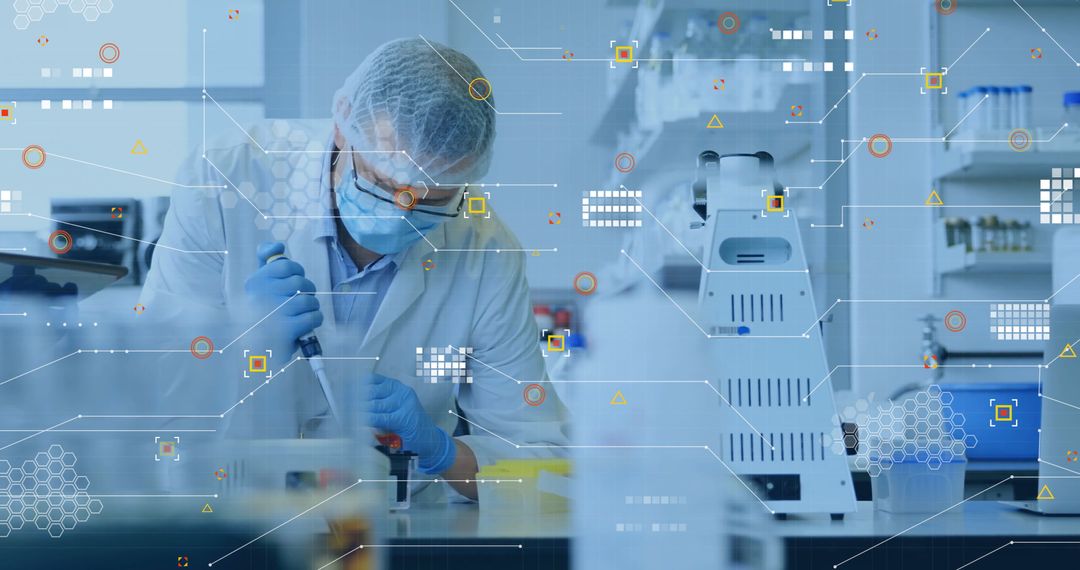 Scientist Conducting Experiments with Network Overlay in Modern Laboratory