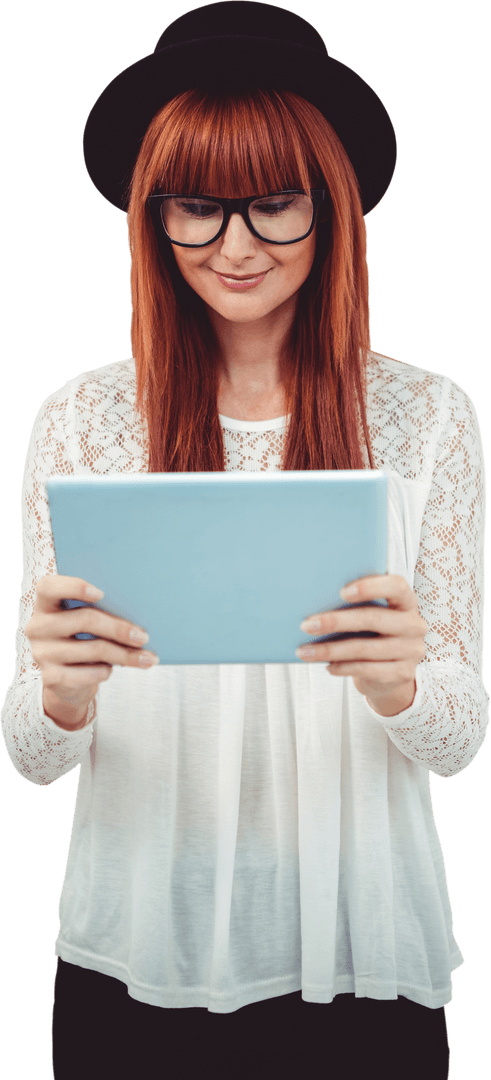 Transparent Cool Hipster Woman Using Tablet