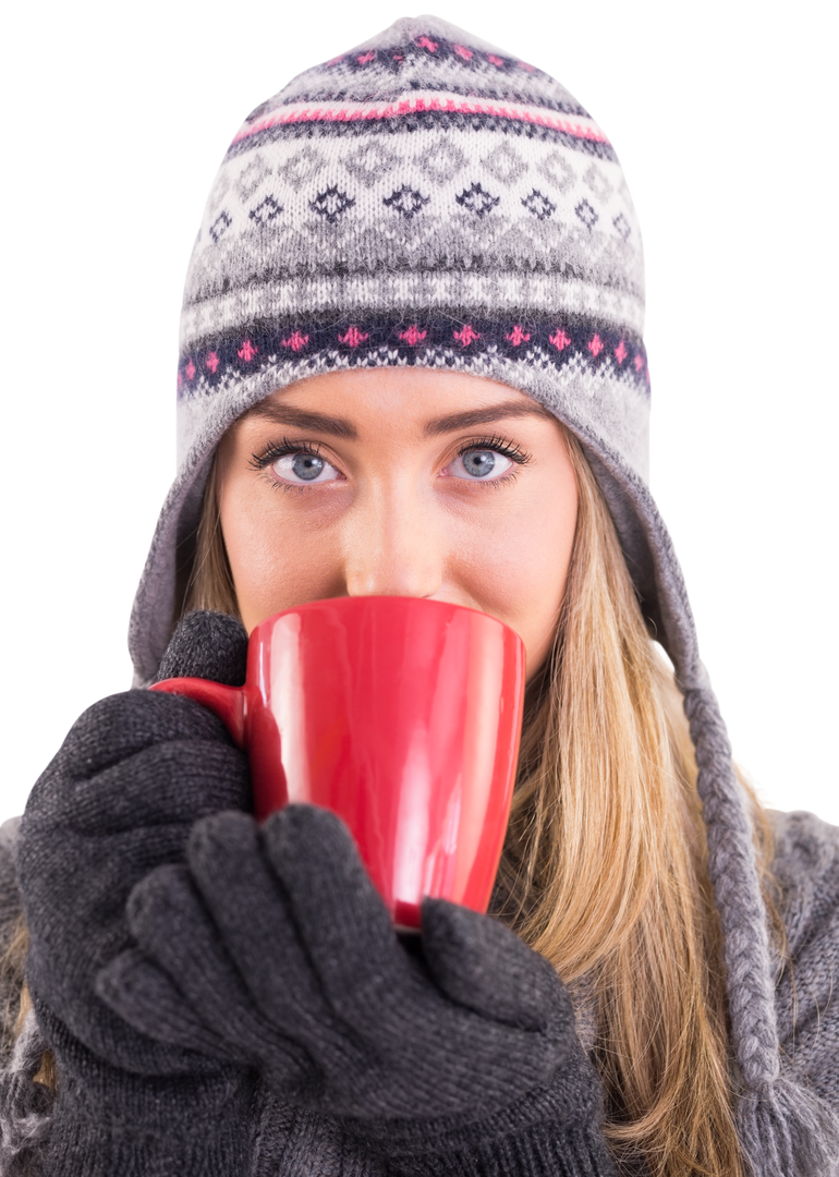 Happy Blonde Woman in Winter Clothes Holding Red Mug, Transparent Background - Download Free Stock Images Pikwizard.com