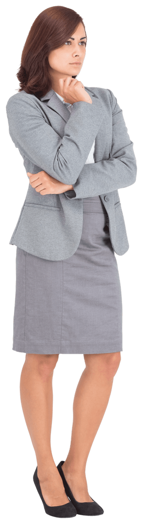 Focused hispanic businesswoman posing confidently on transparent backdrop