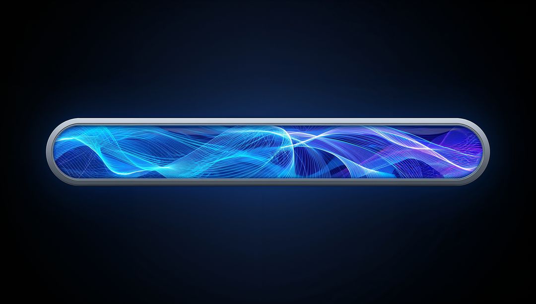 Futuristic Horizontal Holographic Display Panel Featuring Blue-Cyan-Violet Waveform Glow