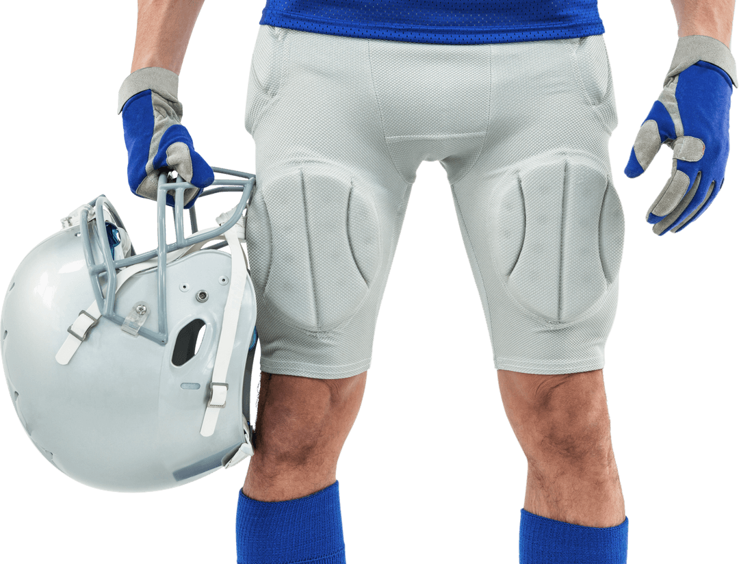 Close-up of American Football Player with Helmet and Gloves on Transparent Background