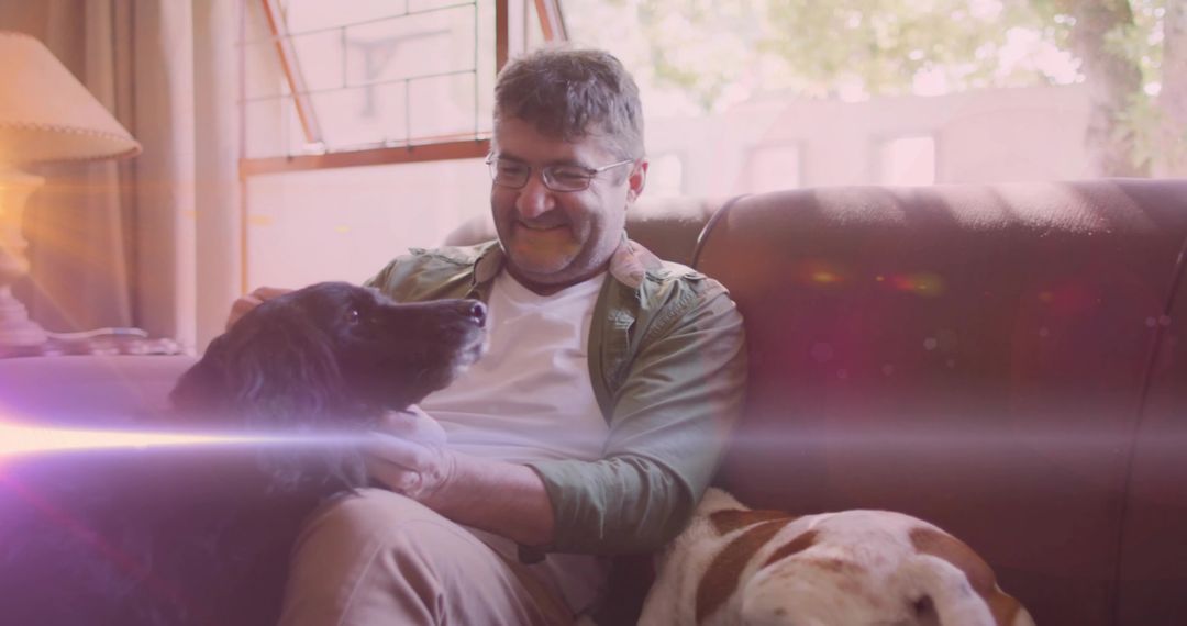 Content Man Relaxing with Two Dogs at Home Embracing Everyday Comfort