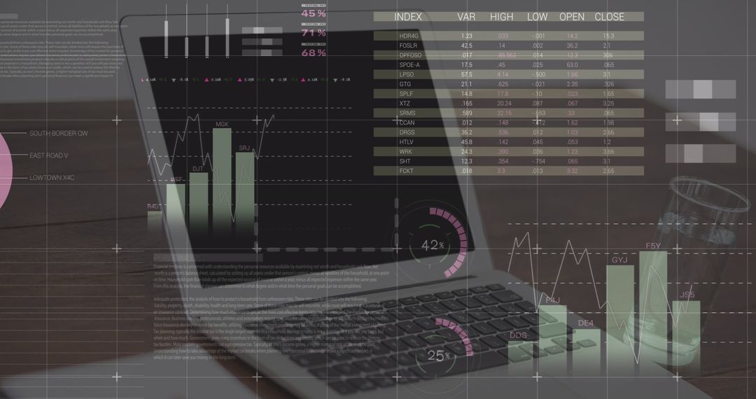 Financial Analytics Data Processing on Laptop with Statistics Overlay