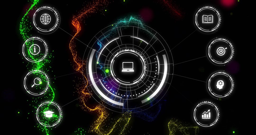 Futuristic HUD Interface Featuring Central Laptop Icon and Neon Particle Streams