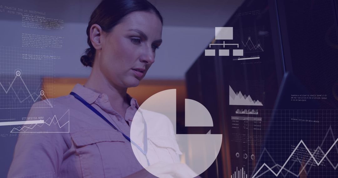 Woman Analyzing Data in Modern Server Room with Digital Graph Overlays