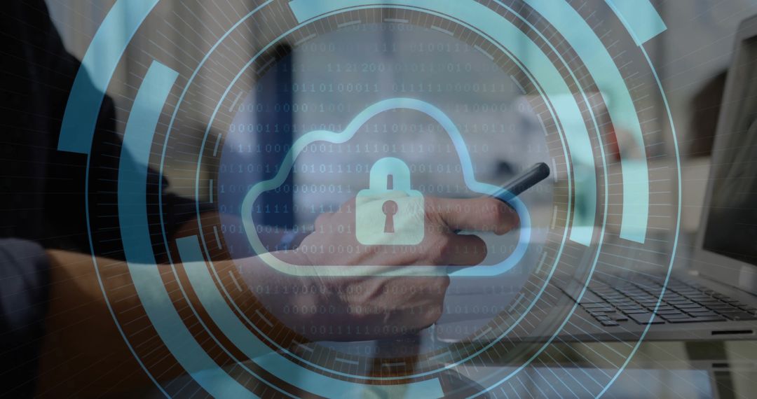 Cybersecurity Concept with Locked Cloud over Phones and Laptop