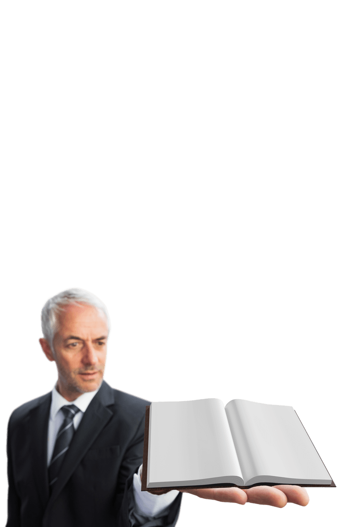 Businessman Presenting Knowledge with Open Book on Transparent Background