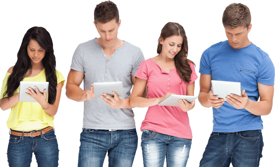 Four Young Adults Engaging with Tablets on Transparent Background