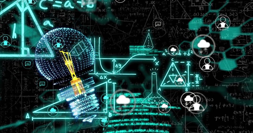 Illuminated Light Bulb with High-Tech Icons and Equations Background