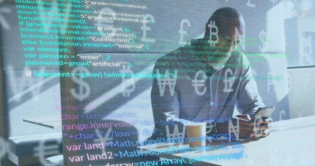 Senior Man Engaged with Smartphone and Digital Finance Overlay