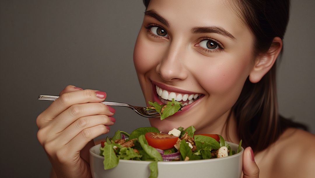 Smiling Woman Enjoying Fresh Veggie Salad