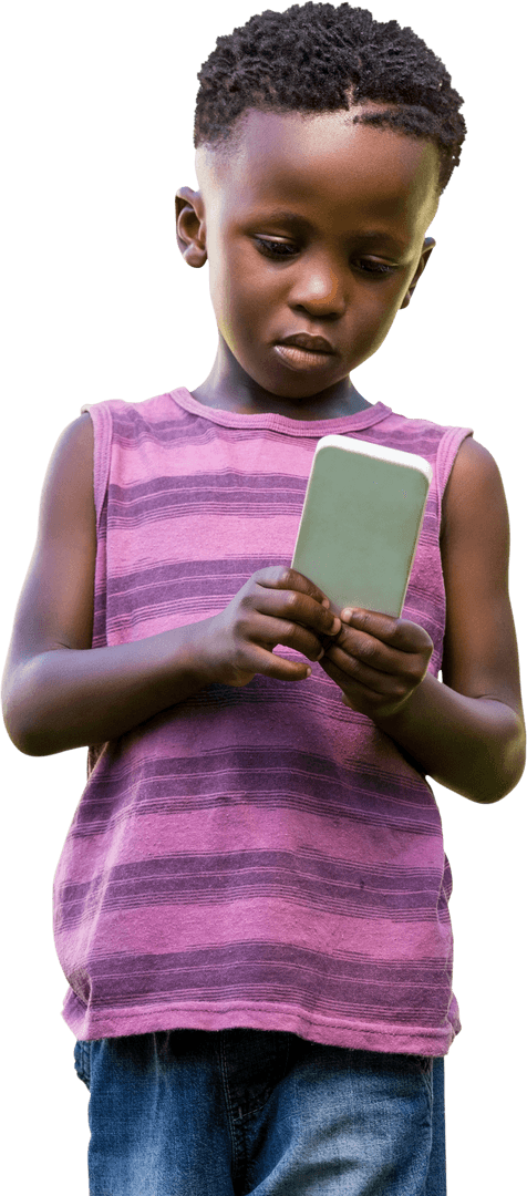 Focused Young Boy Holding Smartphone Transparent Background