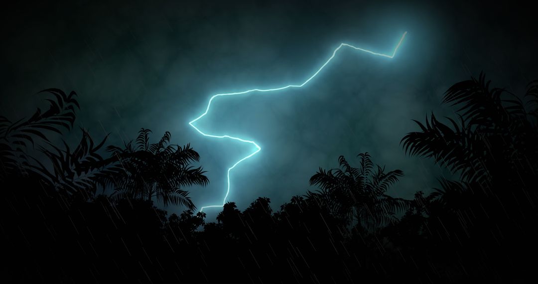 Dramatic Lightning Storm Above Palm Trees with Dark Cloudy Sky