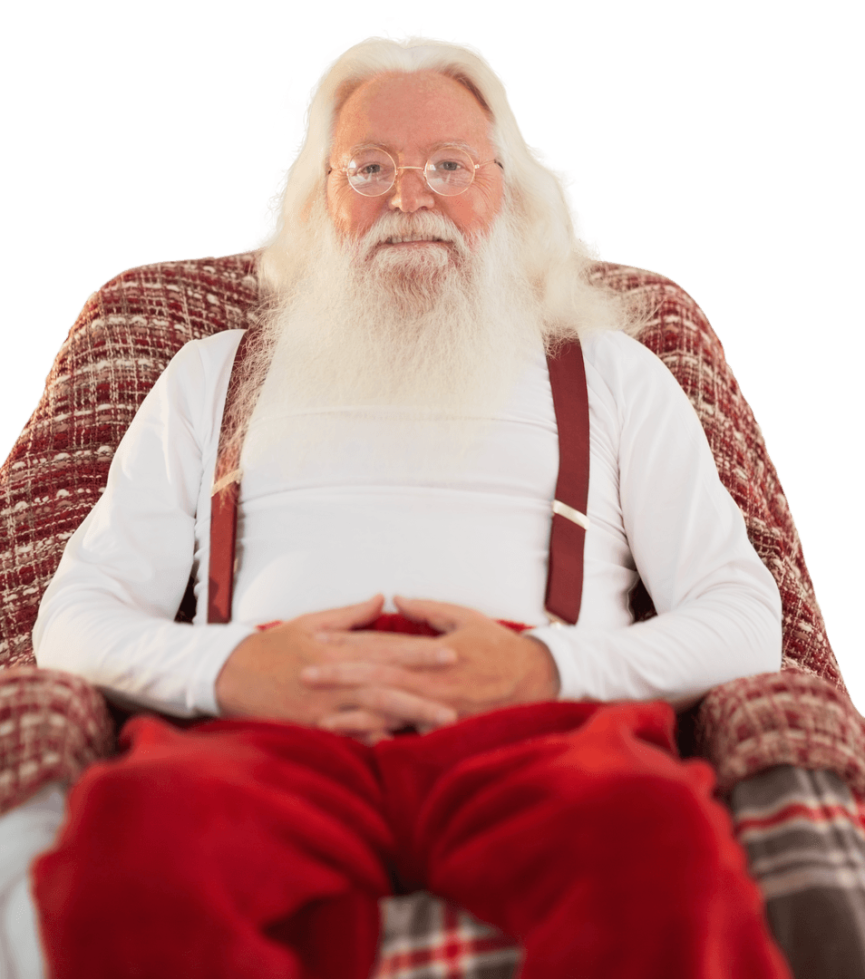 Caucasian Santa Sits Relaxed with Hands Clasped Transparent Background
