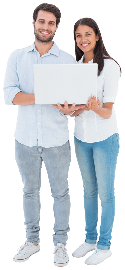 Transparent Couple Smiling Holding Laptop Technology Concept