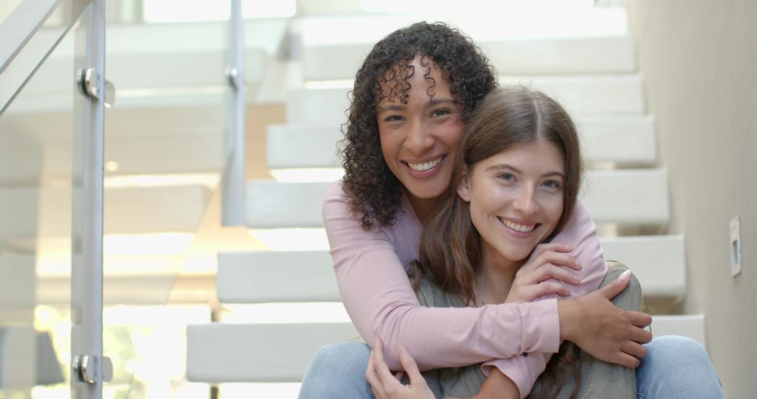 Diverse Female Friends Hugging on Modern Staircase at Home