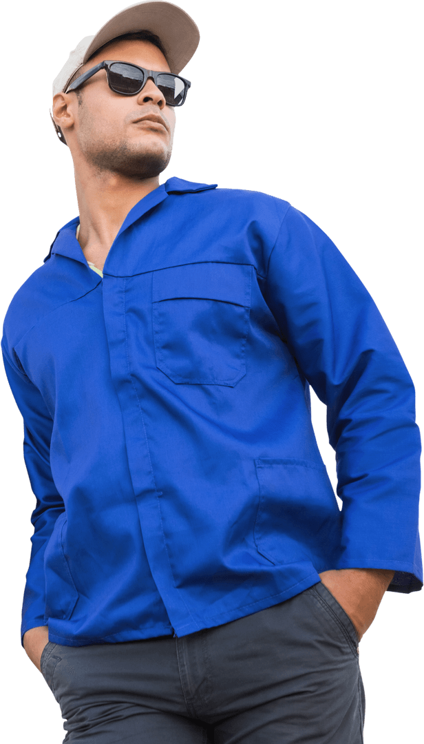 Confident Modern Handyman in Sunglasses and Blue Jumpsuit