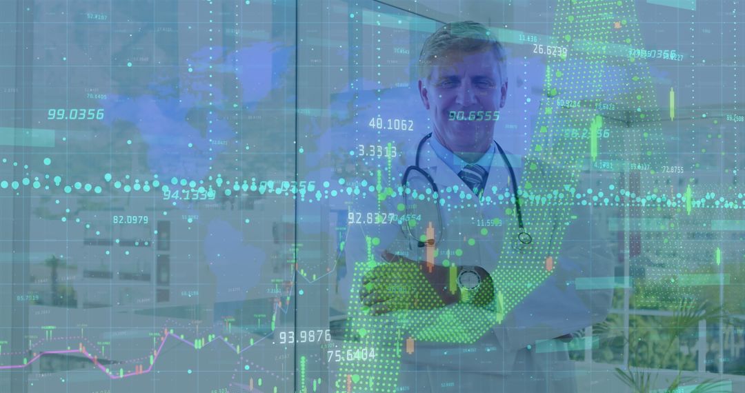 Smiling Male Doctor Merged with Financial Data Visualization