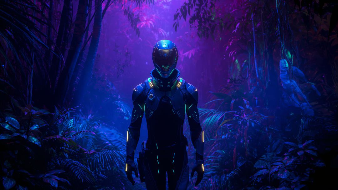 Futuristic Explorer in Bioluminescent Jungle with Neon Tech Suit