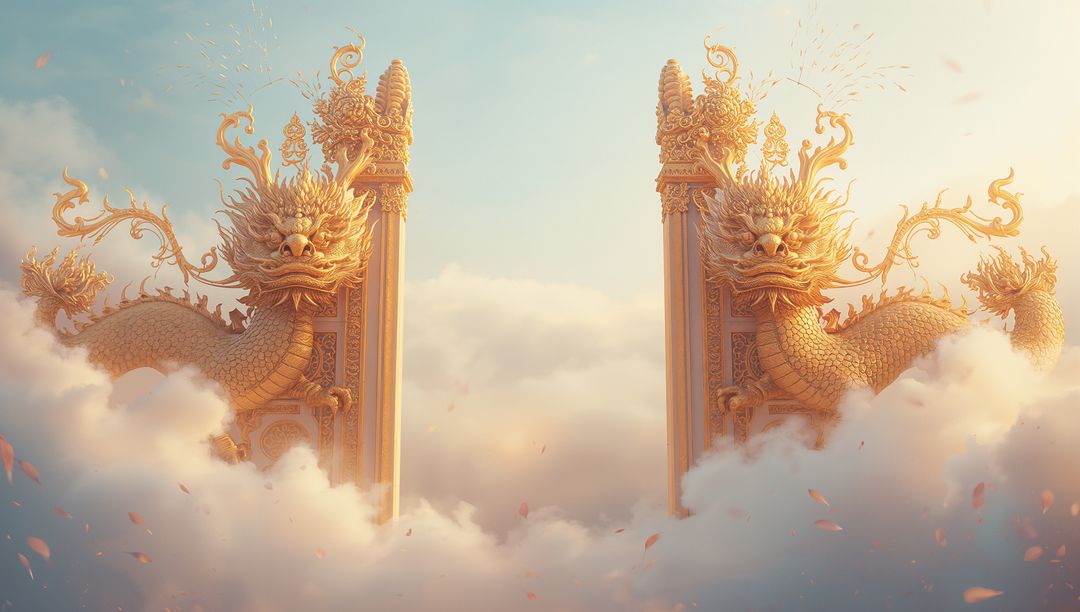 Golden Dragon Pillars Amidst Ethereal Clouds