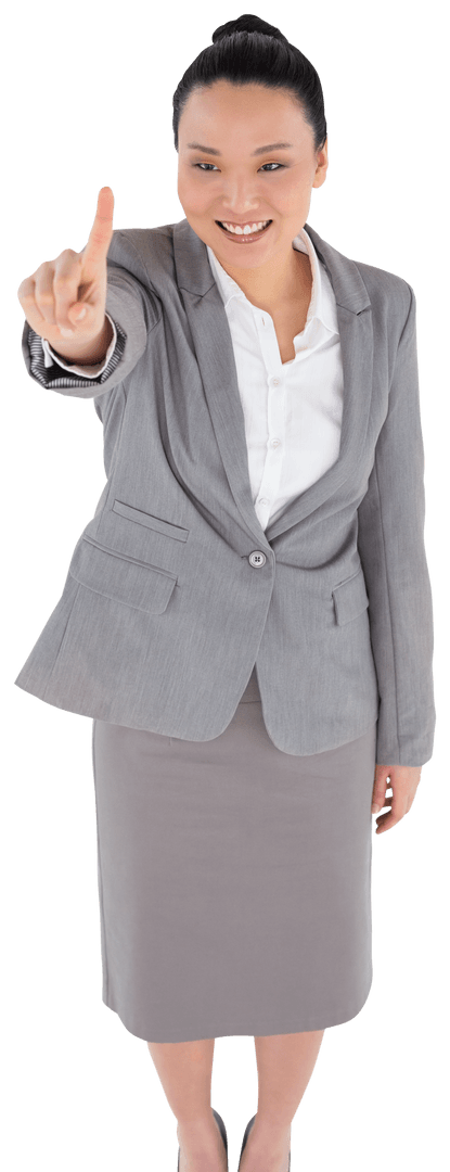 Transparent Happy Asian Businesswoman Pointing Up at Virtual Interface