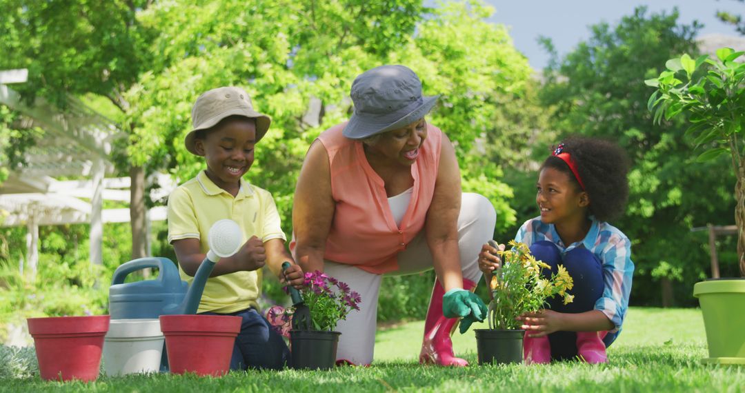 Grandmother gardening with grandchildren in backyard - Free Images, Stock Photos and Pictures on Pikwizard.com