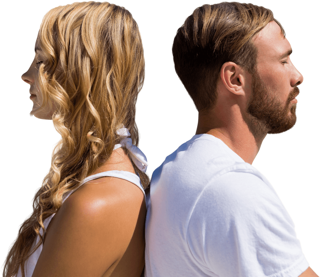 Transparent Couple Standing Back to Back, Facing Opposite Directions