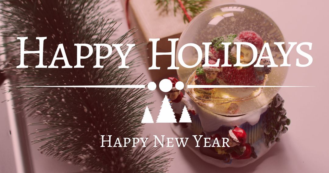 Festive Holiday Greeting with Snow Globe and Decorations