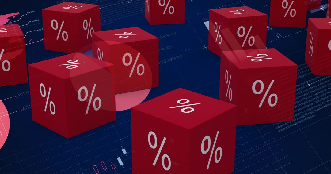 Red Cubes with Percent Signs Over Global Finance Charts