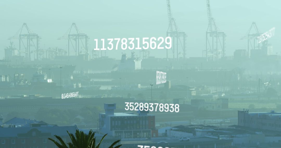 City Skyline with Digital Numbers Overlay in Foggy Atmosphere