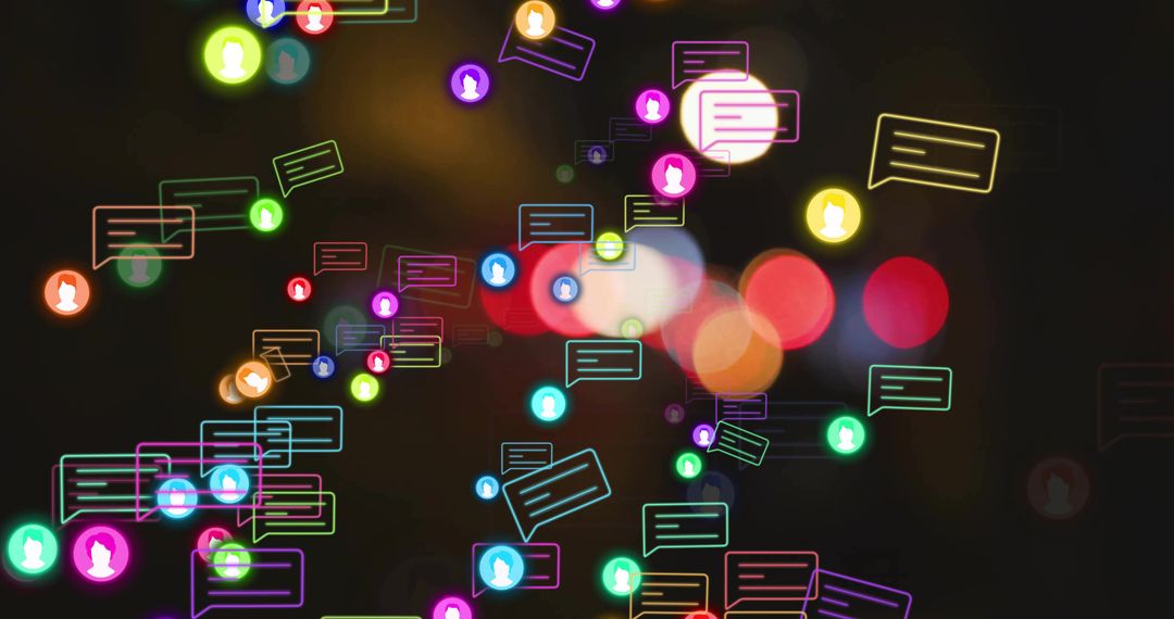 Vibrant Floating Neon Speech Bubbles with User Icons in Digital Artwork