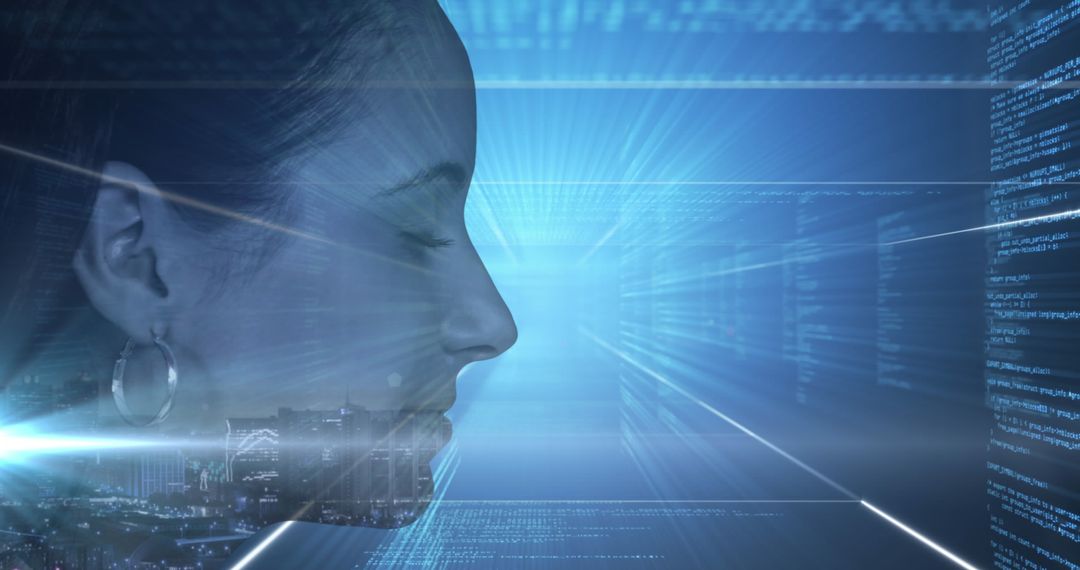 Tech professional examines digital data streams with intensity