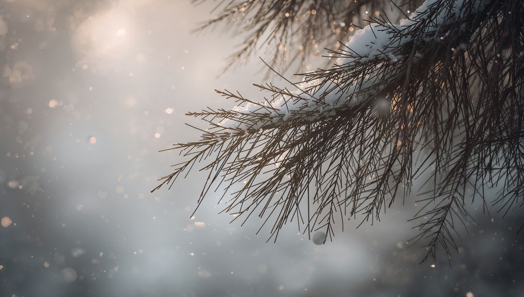 Snow-Covered Pine Branch with Droplet and Soft Winter Bokeh Light