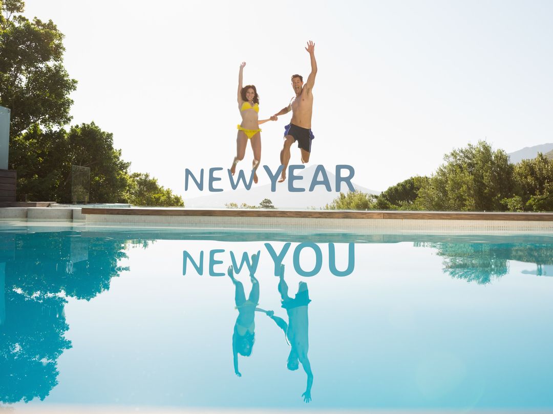 Joyful Couple Jumping into Pool Reflecting New Year Enthusiasm