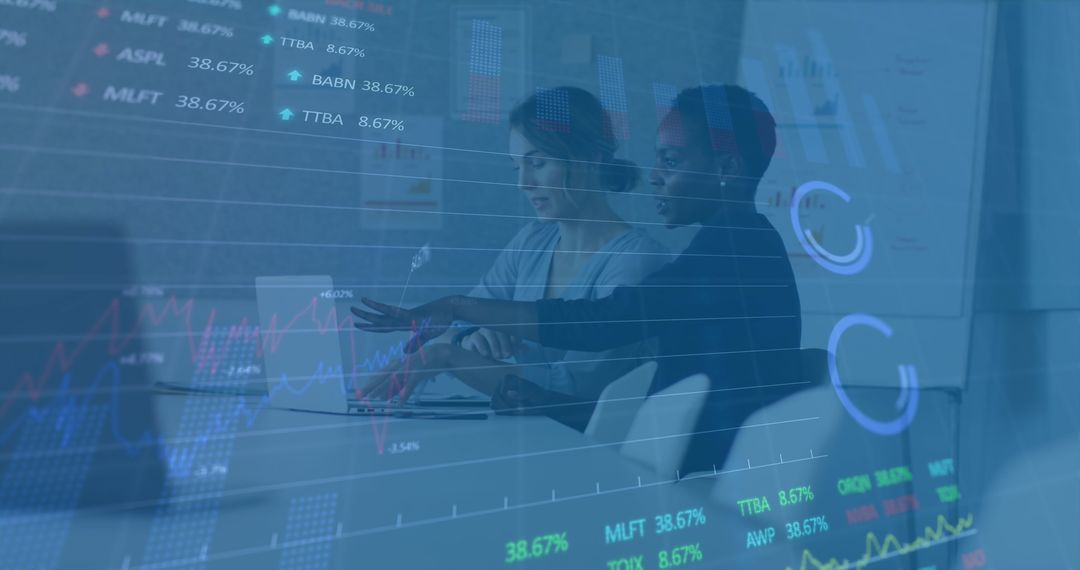 Diverse Female Colleagues Analyzing Stock Market Data with Digital Technology