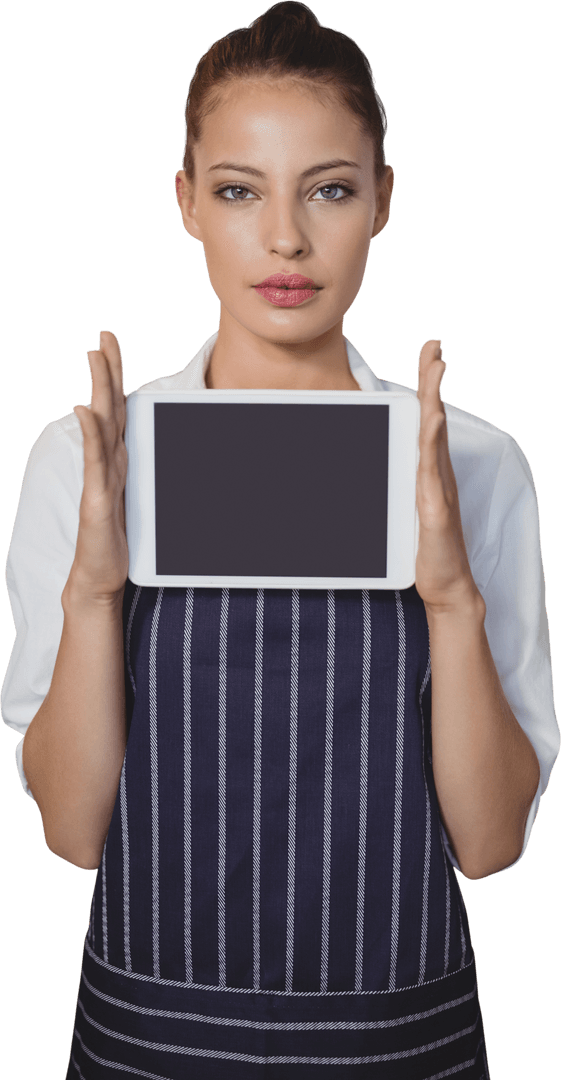 Young Waitress Holding Transparent Tablet