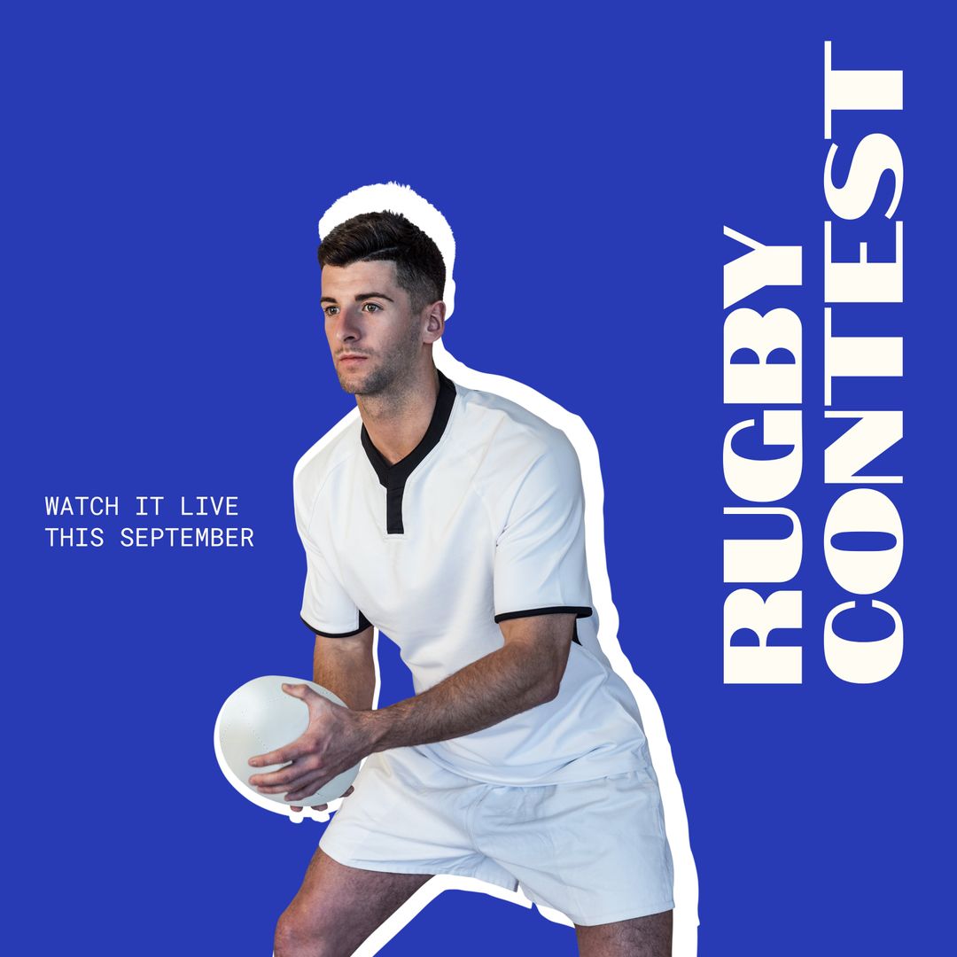 Rugby Contest Promotion with Player and Ball on Blue