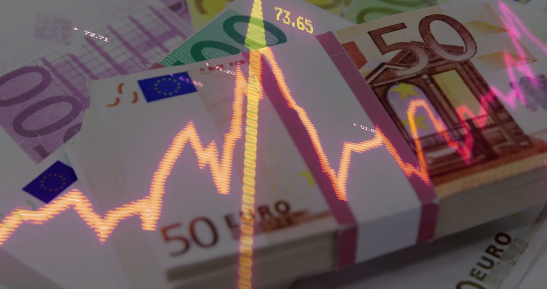 Digital Data Overlaying Euro Banknotes Illustrating Economic Trends