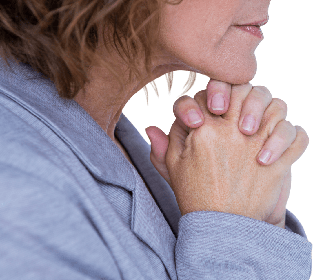 Transparent Profile of Woman Clasping Hands Thoughtfully in Gray Attire