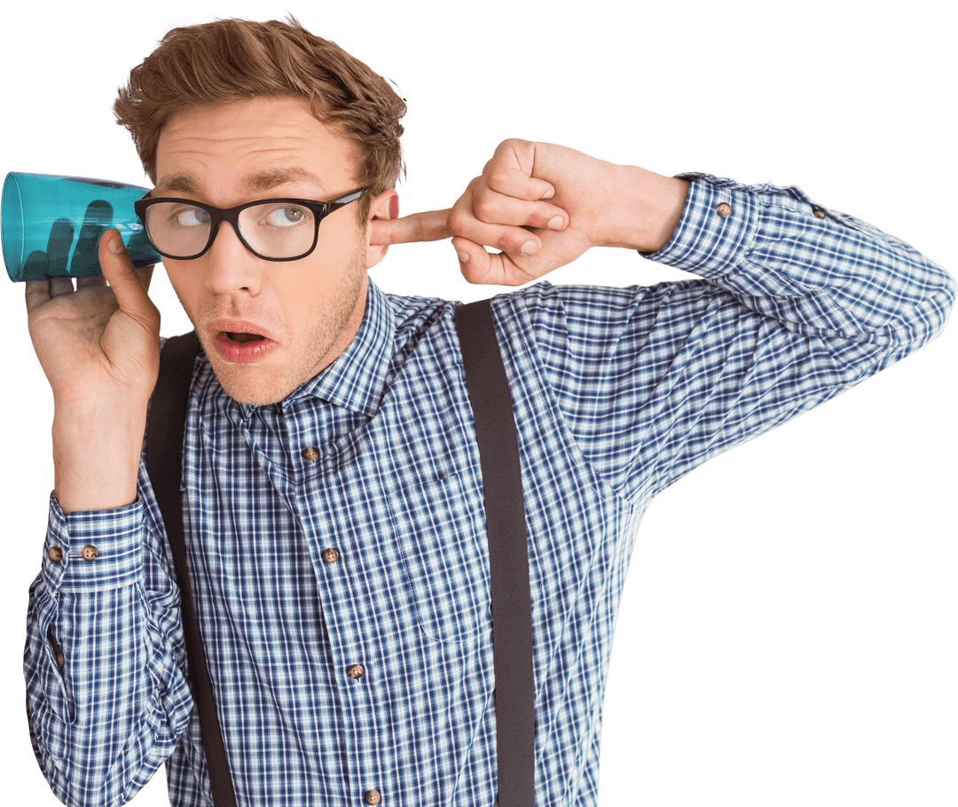 Transparent Geeky Man Eavesdropping with Cup in Suspense