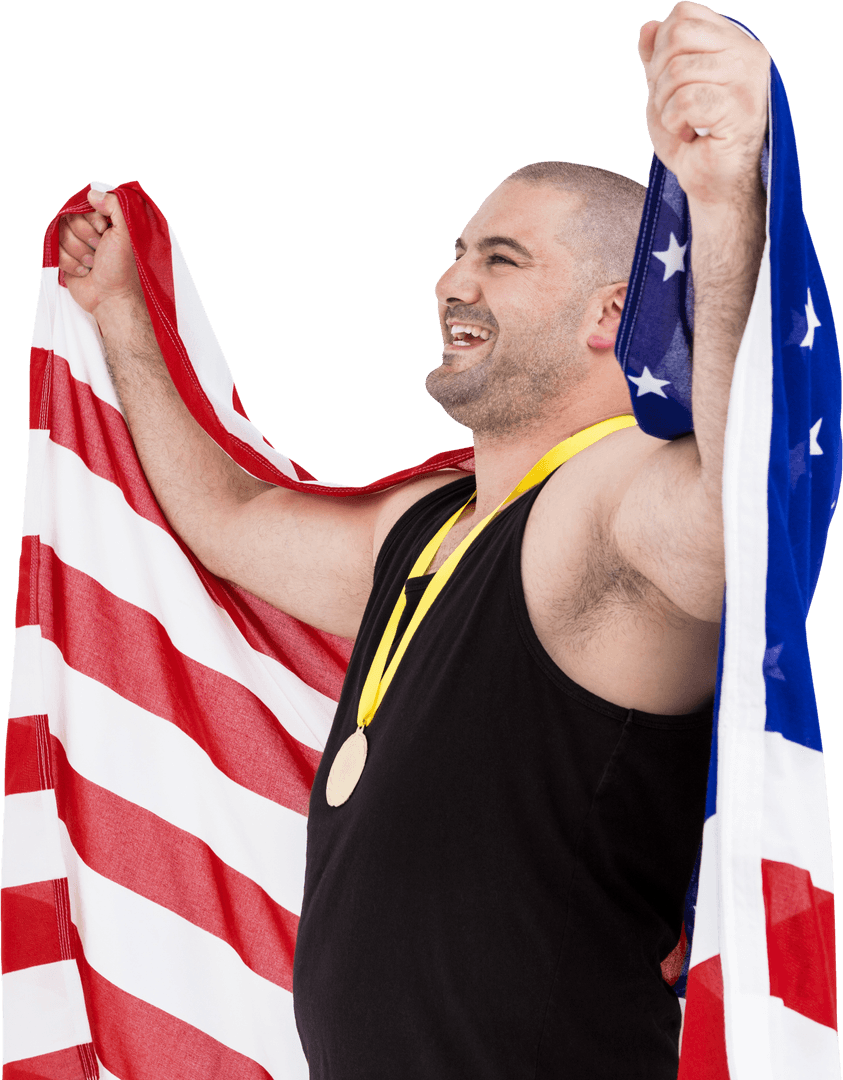 Joyful Athlete Holding American Flag with Pride and Transparent Background
