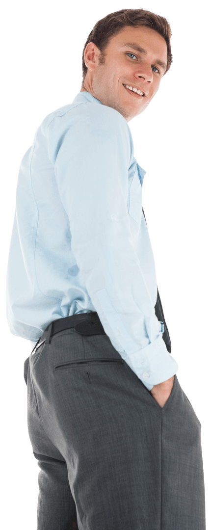 Confident Businessman Smiling with Hands in Pockets - Transparent View