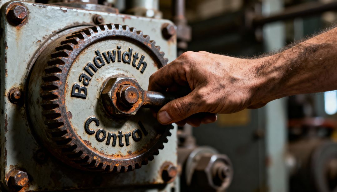 Grease-stained hand turning rusted Bandwidth Control gear on industrial machinery