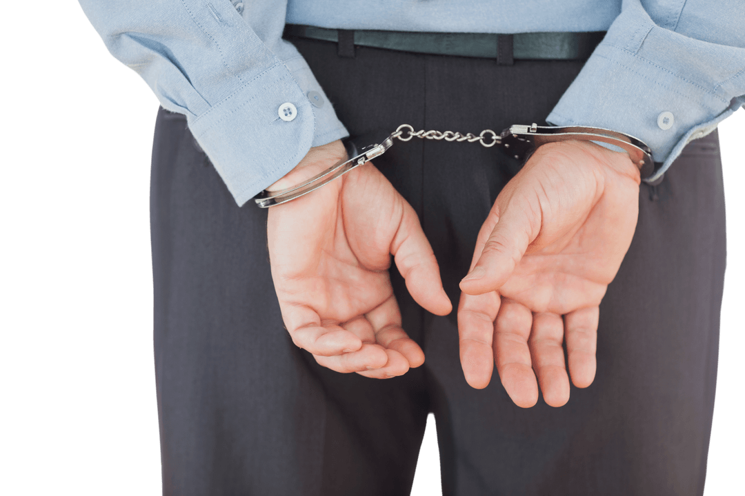 Businessman in Transparency Doubt with Handcuffs on Behind
