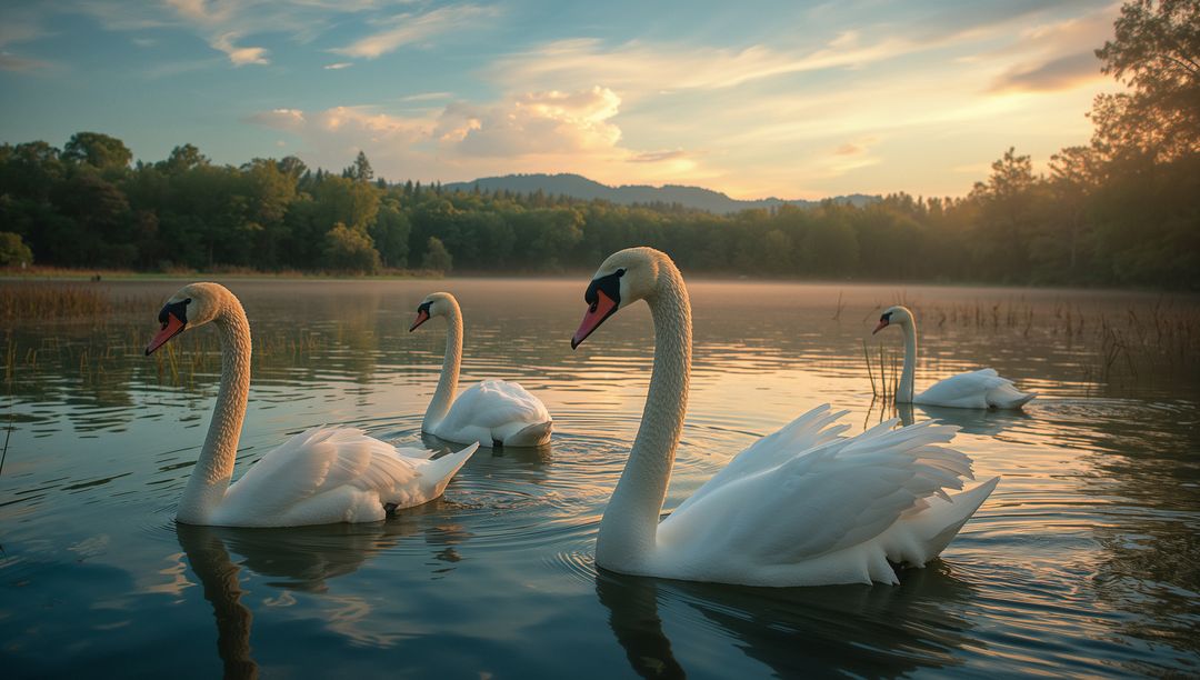 Graceful Swans Gliding on Misty Lake at Sunset