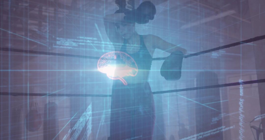 Female Boxer with Futuristic Brain Analysis Display in Gym