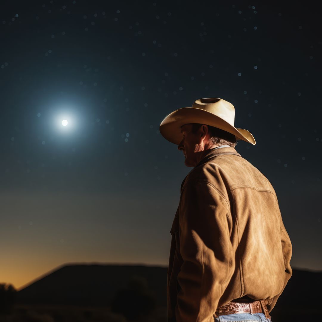 Cowboy star gazing at night sky with full moon, created using generative ai technology - Free Images, Stock Photos and Pictures on Pikwizard.com