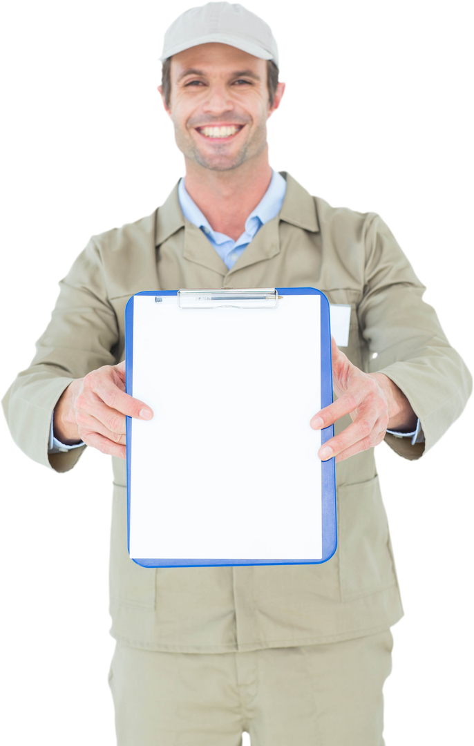 Happy Delivery Man Holding Blank Clipboard with Transparent Background - Download Free Stock Images Pikwizard.com