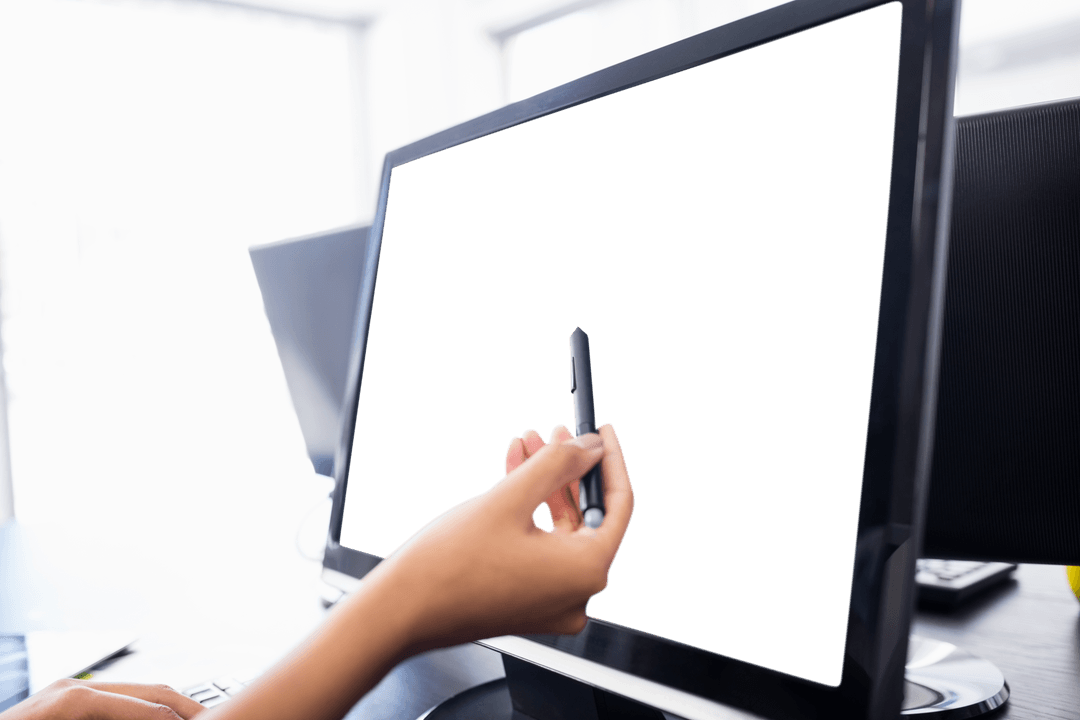 Transparent Businesswoman Interacting with Computer Screen Using Pen